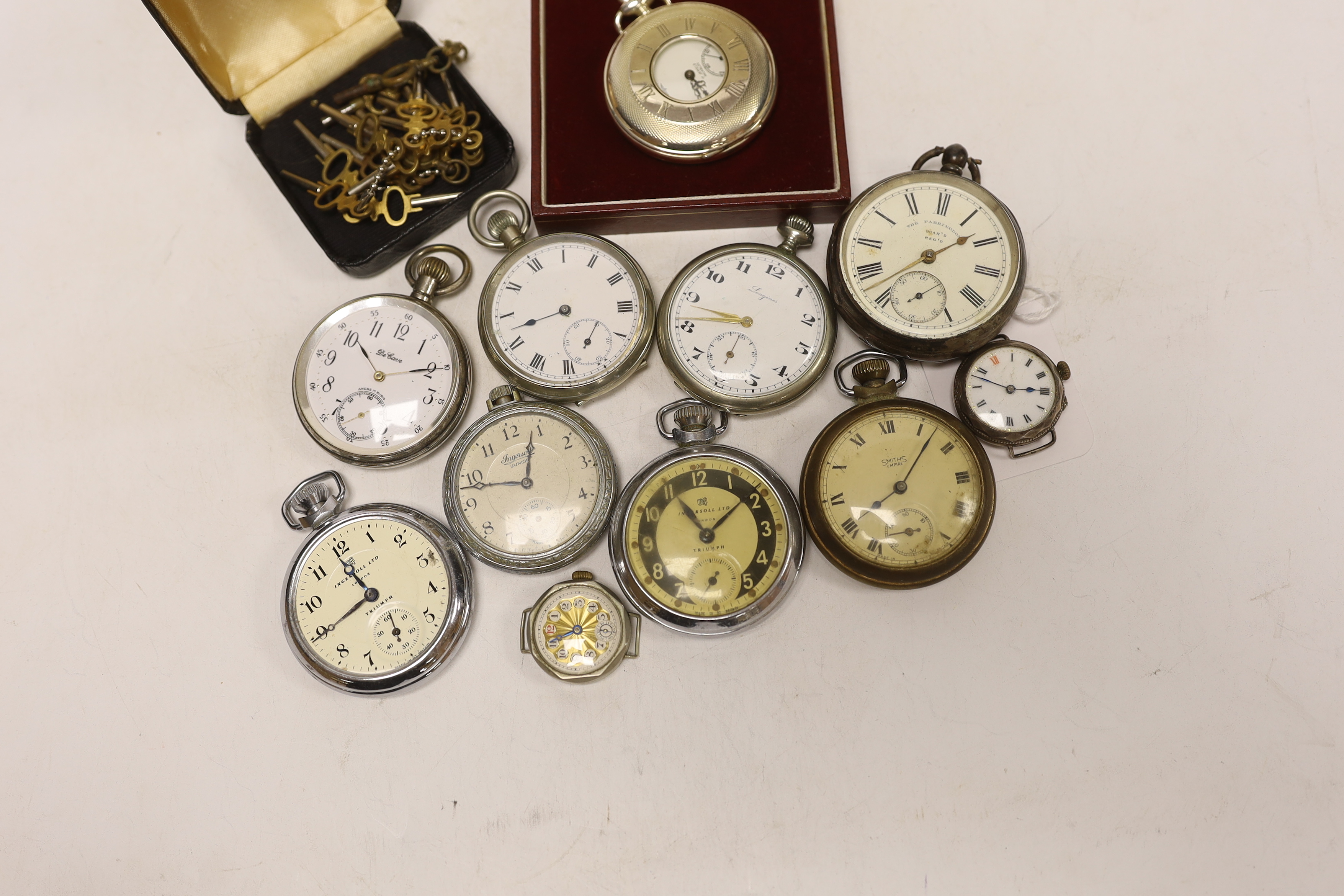 Assorted pocket watches including Ingersoll, Longines and silver open face, two wrist watches and assorted watch keys.